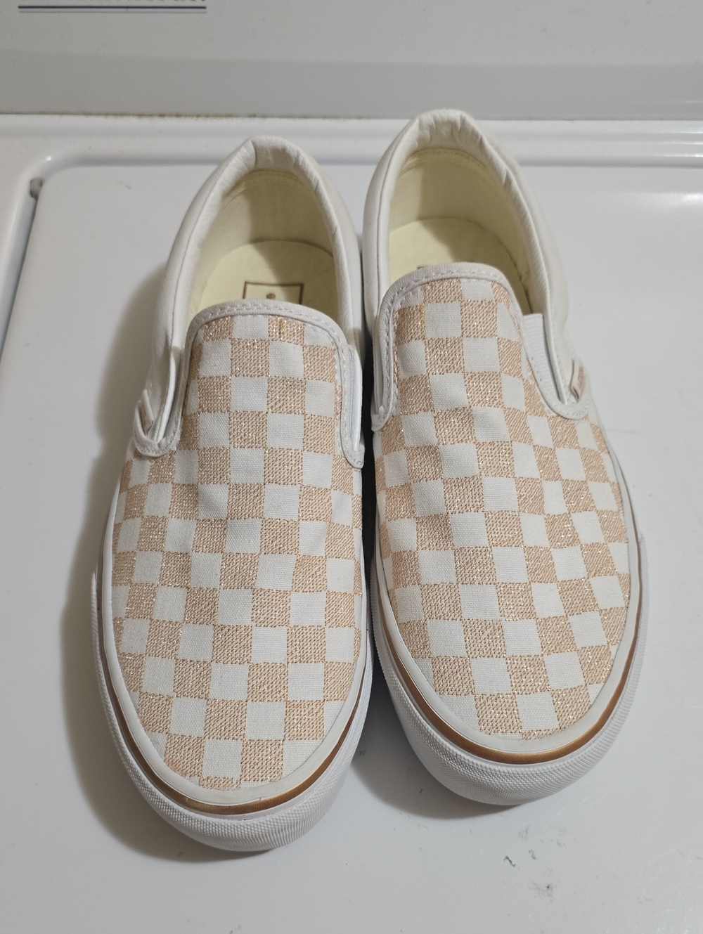 Woman Vans Slip-On Checkerboard Sneakers in Beige and White